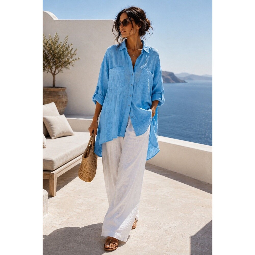 Magaschoni Organic Cotton Double Gauze Shirt Blue Grotto NWT Oversized S